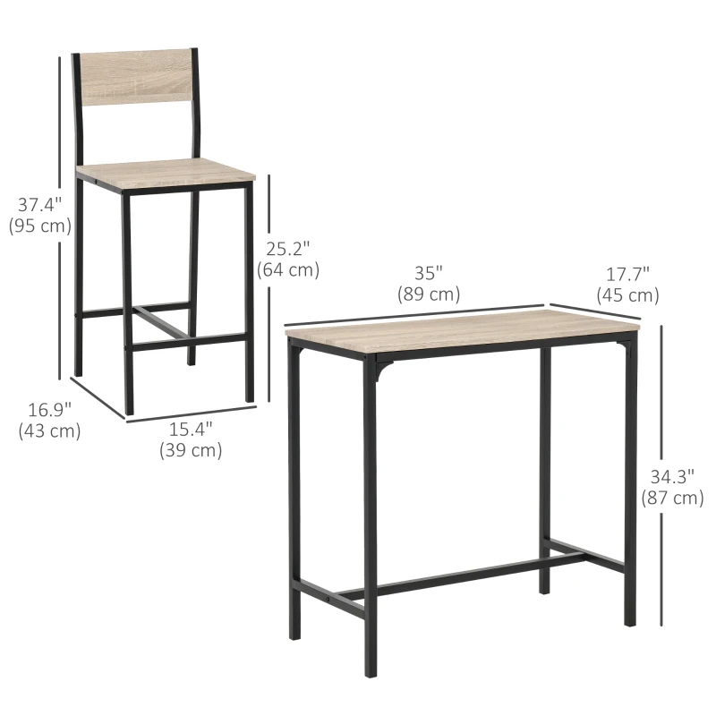 HOMCOM Industrial Bar Table Set Counter Height 3 Piece and 2 High Back Stools Set Dining Table Set for Small Space in the Dining Room