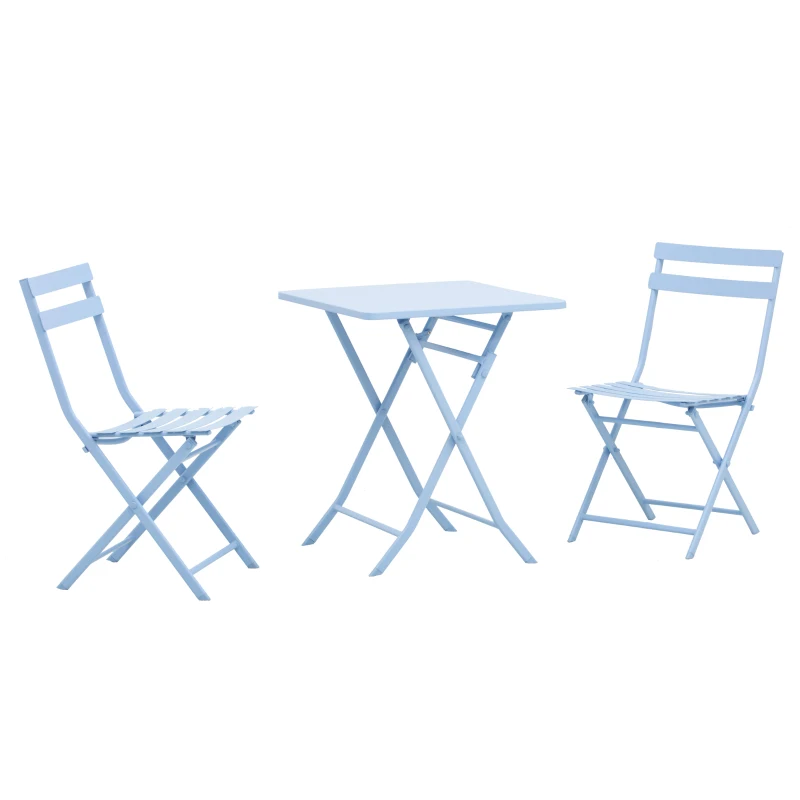 Outsunny 3 Pieces Garden Bistro Coffee Set Foldable Patio Chair & Square Table for Outdoor Yard Porch Poolside Balcony Blue