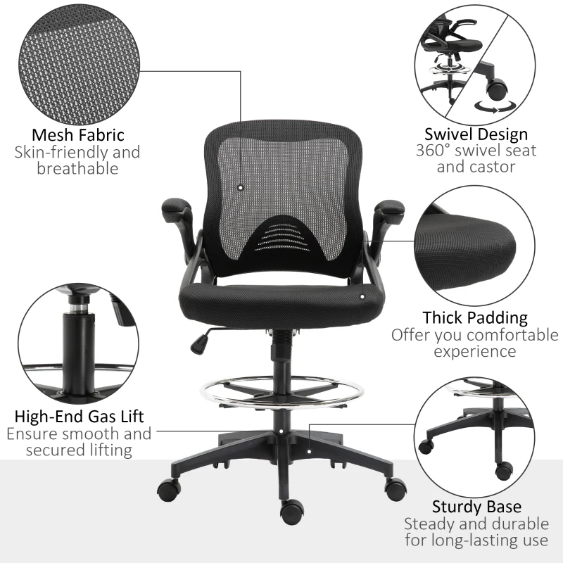 Vinsetto Adjustable Drafting Chair Tall Office Stand-Up Chair with Flip-up Armrest and Foot Ring, 360° Swivel, Black