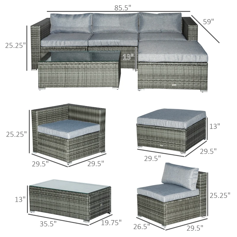 Outsunny 5-Piece Outdoor Sectional Furniture, Patio Sofa Set, PE Wicker Couch, Cushions, Pillows, Ottoman, Table, Light Gray