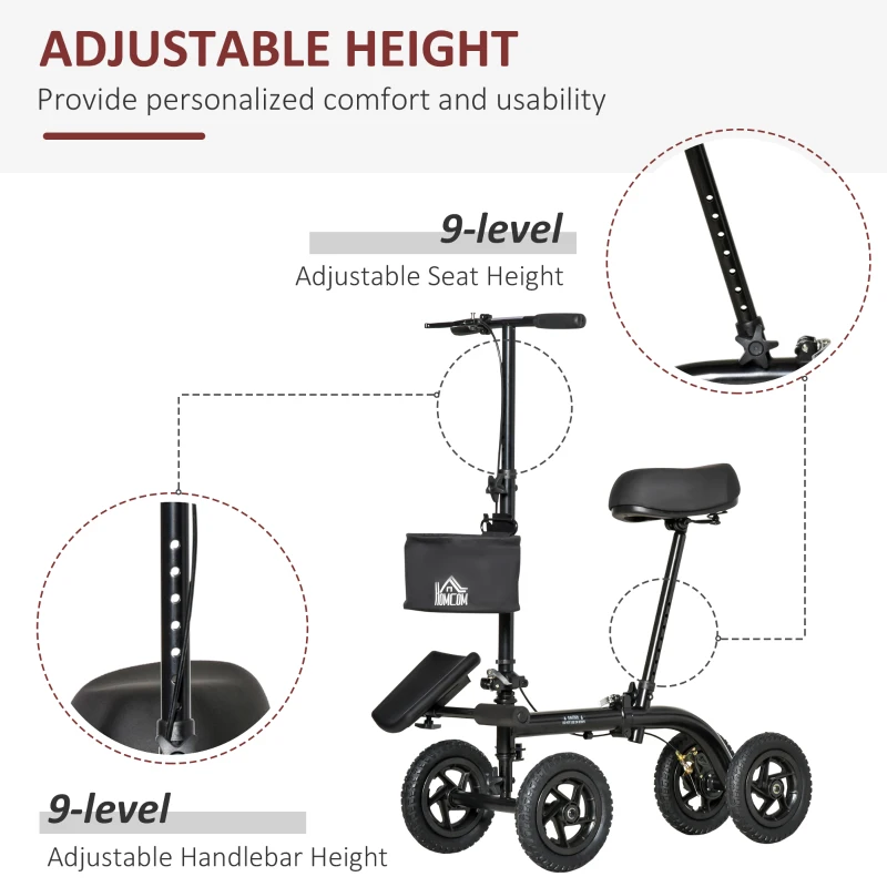 HOMCOM Seated Walker, Foldable Steerable Medical Scooter, Compact Crutch Alternative with Braking System and Storage Bag, Black