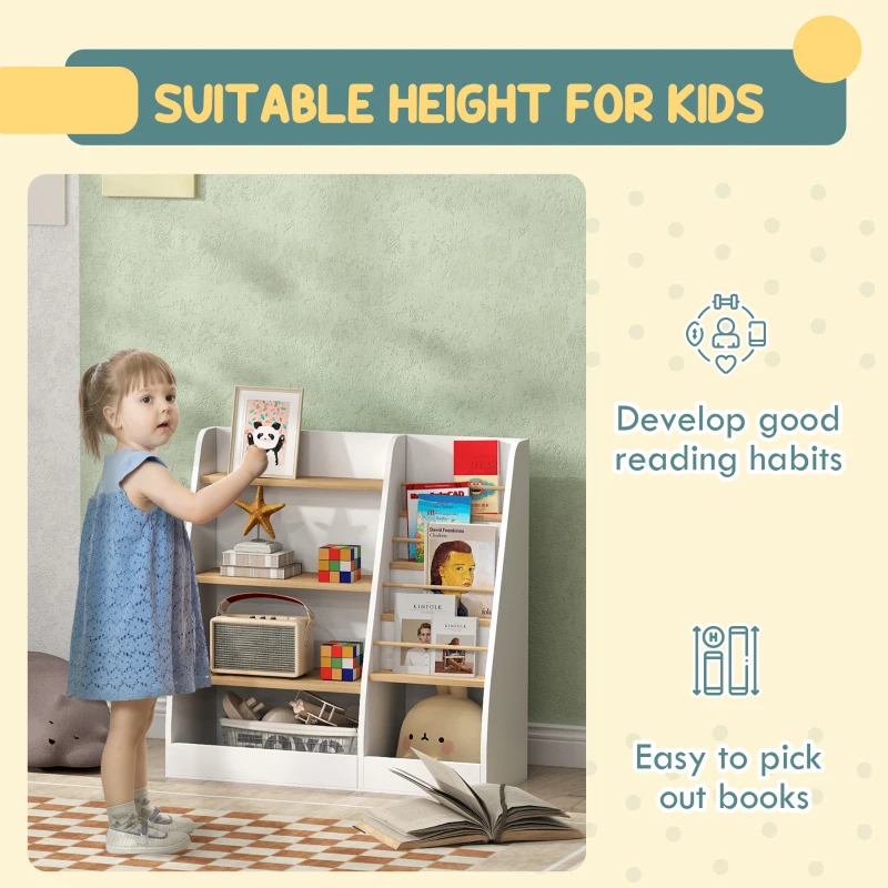 Qaba 4 Tier Kids Bookshelf and Toy Storage Organizer with Book Rack, for Living Room, Kids Room, Playroom, Bedroom, White