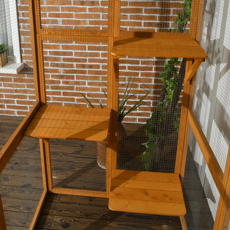 PawHut Outdoor Cat House Big Catio Wooden Feral Cat Shelter Enclosure with Large Spacious Interior, 6 High Ledges, Weather Protection Asphalt Roof, 71" L, Orange