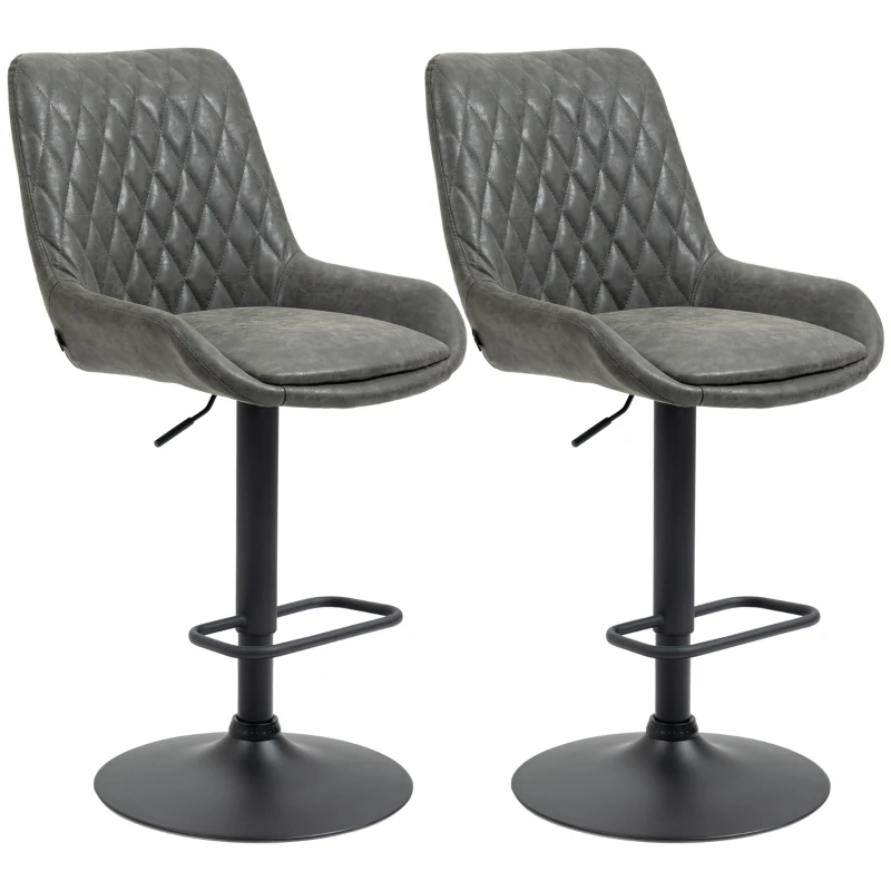 HOMCOM Retro Bar Stools Set of 2, Adjustable Kitchen Stool, Upholstered Bar Chairs with Back, Swivel Seat, Dark Grey