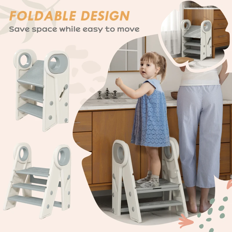 Qaba Foldable & Adjustable Kitchen Stool Helper with Handles, Non-Slip, for Bathroom, Sink, Kitchen, Gray