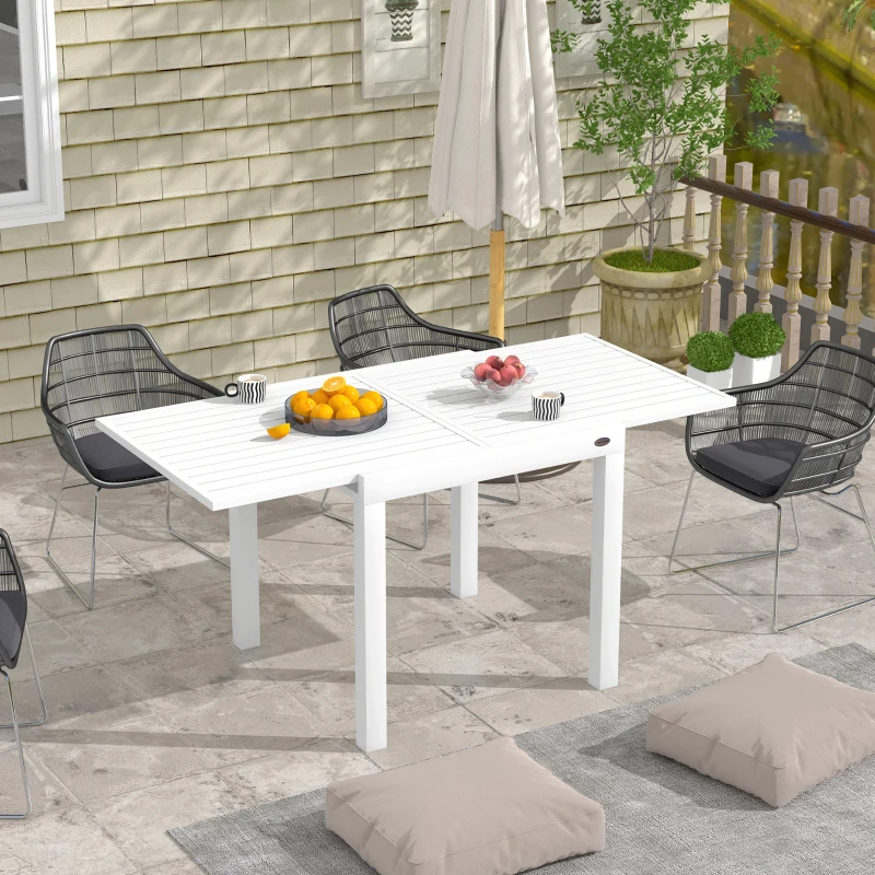 Outsunny Expandable Patio Table, Outdoor Dining Table for 4-6 with Aluminum Frame for Garden, Lawn, Balcony Terrace, White