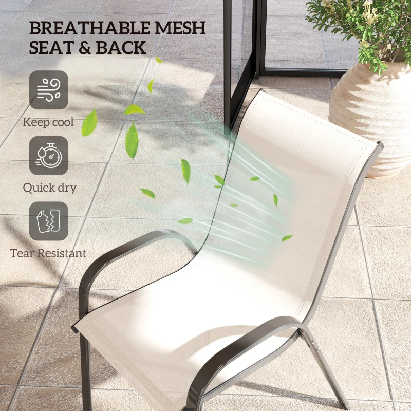 Outsunny Set of 4 Outdoor Dining Chairs, Stackable Patio Chairs with High Back, Breathable Mesh Seat for Garden Lawn, Beige