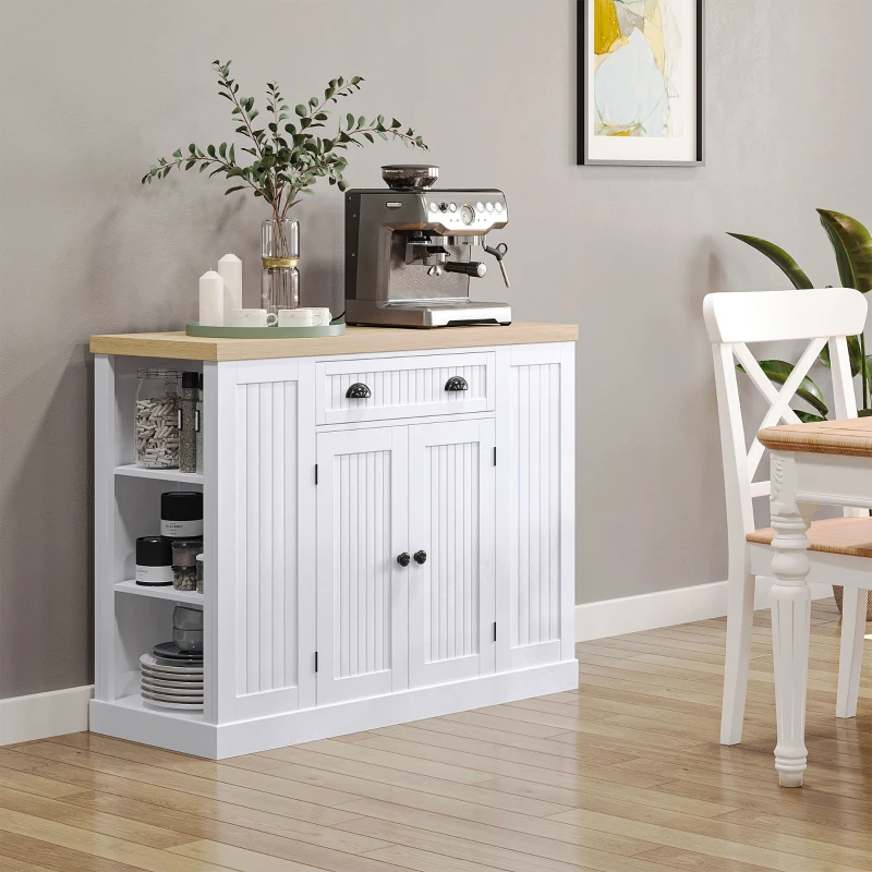 HOMCOM Fluted-Style Wooden Kitchen Island, Storage Cabinet w/ Drawer, Open Shelving, and Interior Shelving for Dining Room, White