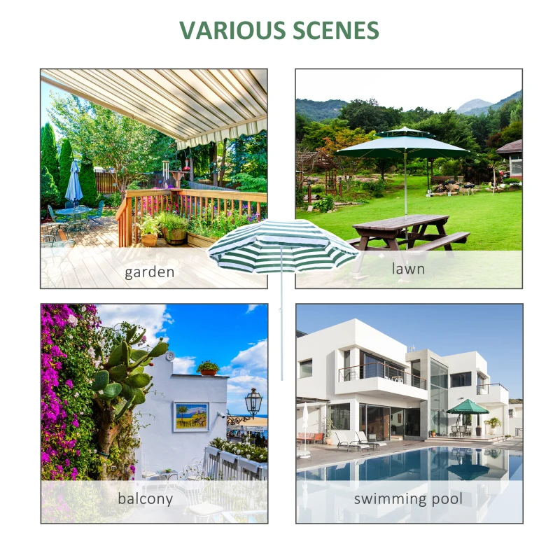 Outsunny 6FT Round Beach Umbrella with Tilt Mechanism, Outdoor UV Protection Sun Shaded Canopy with Push Button, Striped Green