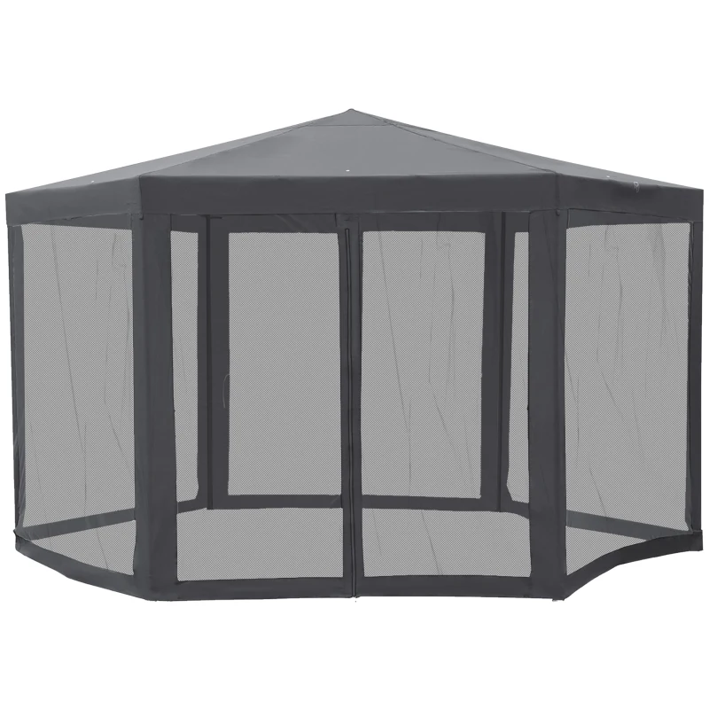 Outsunny Φ13' Hexagon Party Tent Patio Gazebo Outdoor Activity Event Canopy Quick Sun Shelter Pavilion with Netting Mesh Sidewall Dark Grey