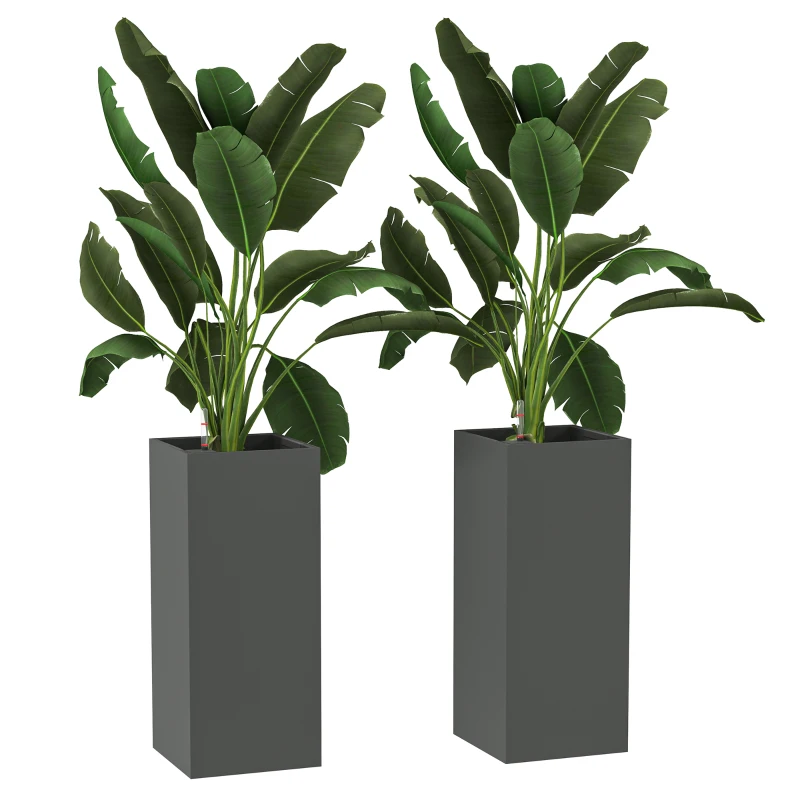 Outsunny 2 Pack Planter Box, 26 Inch Plastic Flower Pots with Water Level Indicator, Drainage Hole and Drain Plug, Dark Grey