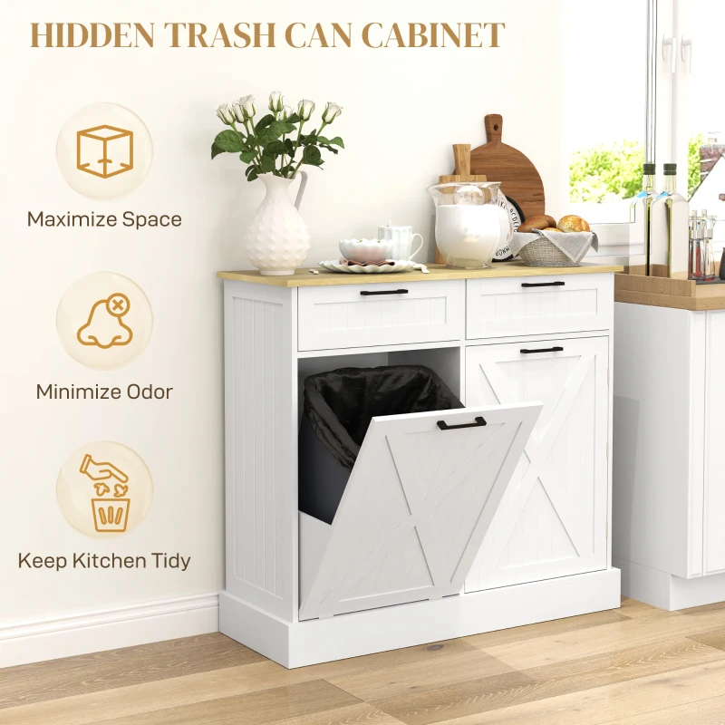 HOMCOM 10 Gallon Hidden Garbage Bin Cabinet, Tilt Out Trash Cabinet w/ 2 Drawers, Freestanding Kitchen Island, White