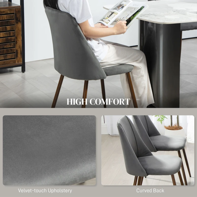 HOMCOM Upholstered Dining Chairs Set of 4, Velvet Accent Chair with Back and Wood-grain Steel Leg for Kitchen, Dark Grey