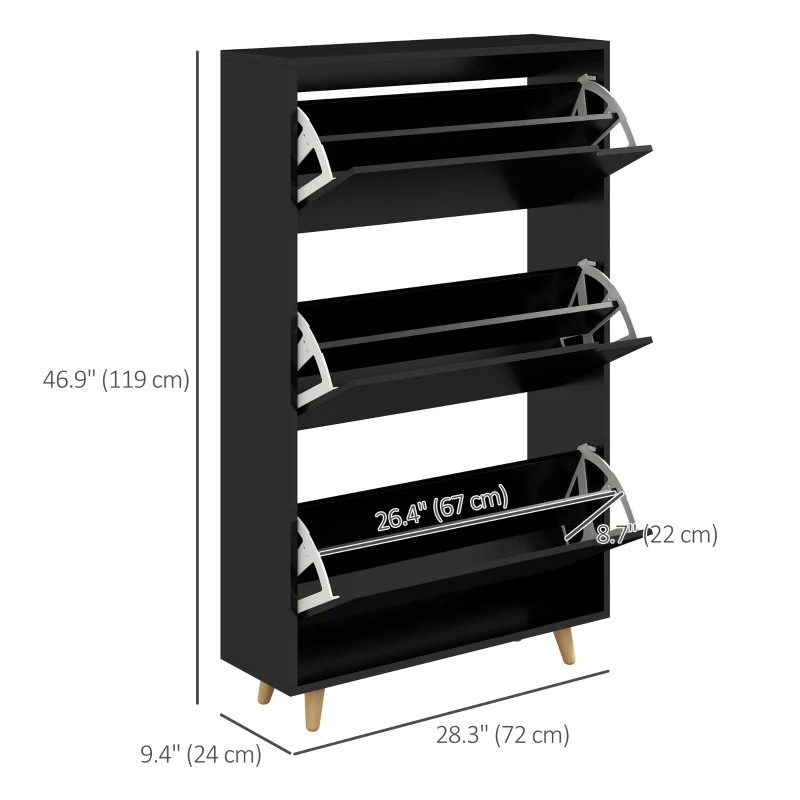 HOMCOM Slim Shoe Storage Cabinet with 3 Flip Drawers and Adjustable Shelves, Shoe Cabinet for 18-24 Pairs, Black