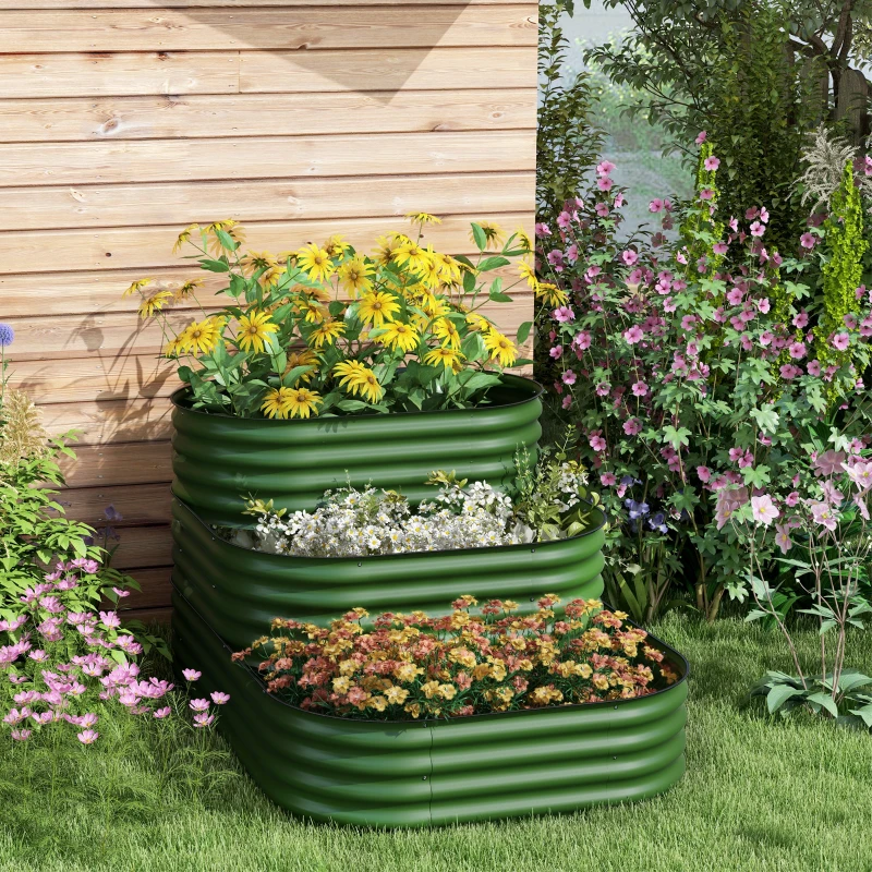 Outsunny 5.2'x3.6'x2.7' Outdoor Raised Garden Bed, 3-Tier Galvanized Planter Box with Safety Edging for Vegetable, Flower, Green