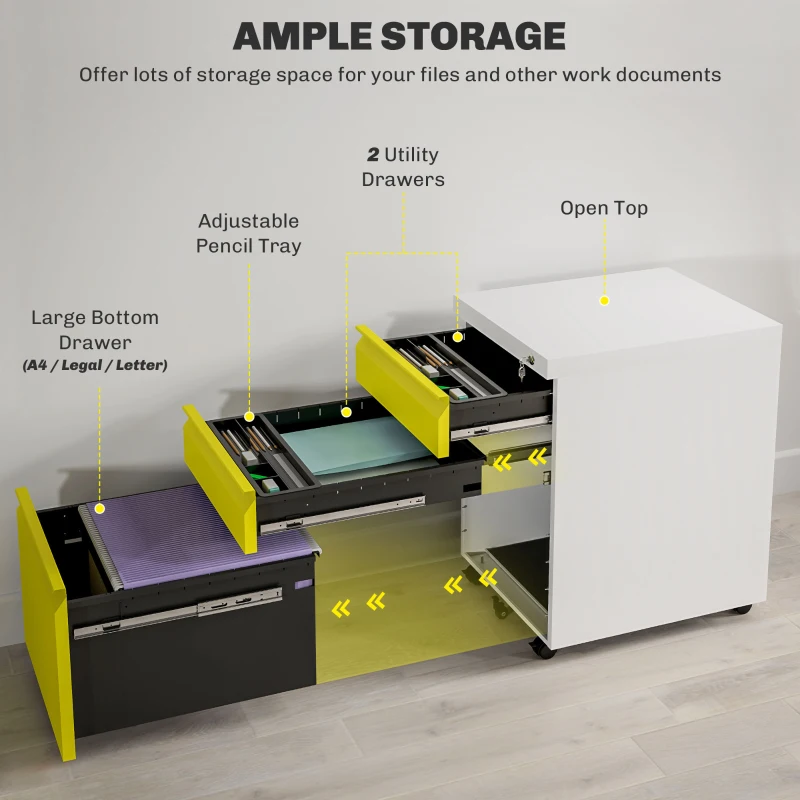 Vinsetto 3 Drawer Filing Cabinet, Lockable Office Storage Cabinet on Wheels for Legal, Letter, A4 Files, Yellow