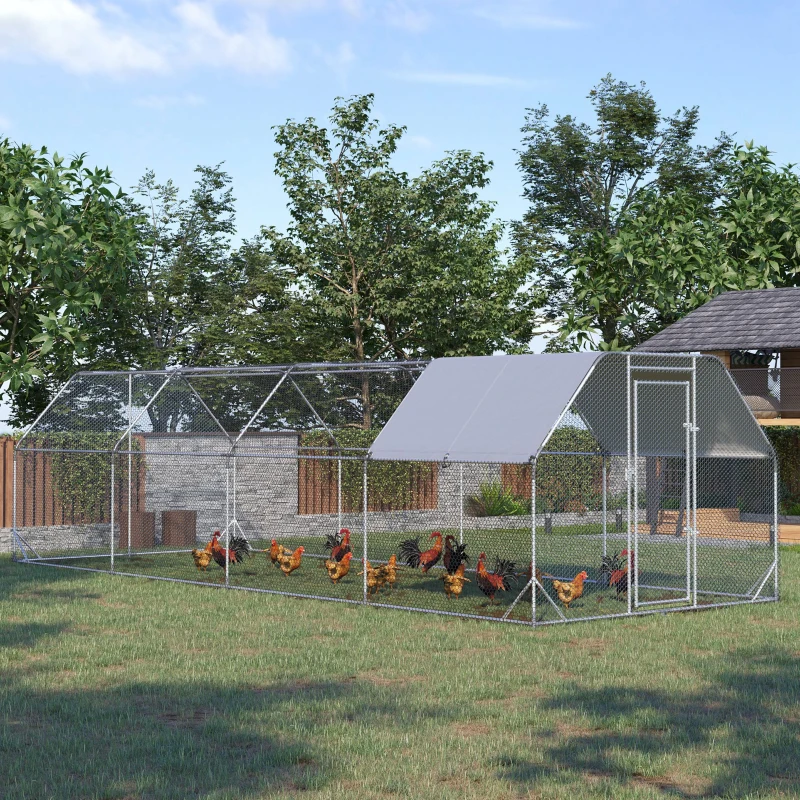 PawHut Large Chicken Coop Metal Chicken Run with Waterproof and Anti-UV Cover, Flat Shaped Walk in Fence Cage Hen House for Outdoor and Yard Farm Use, 1" Tube Diameter, 9.2' x 24.9' x 6.4'