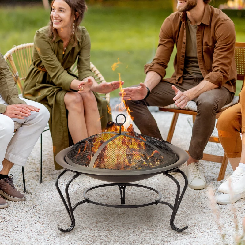 Outsunny 22" Round Firepit Patio Fireplace Garden Heater Portable Wood Burning Porch with Poker and Spark Screen Black