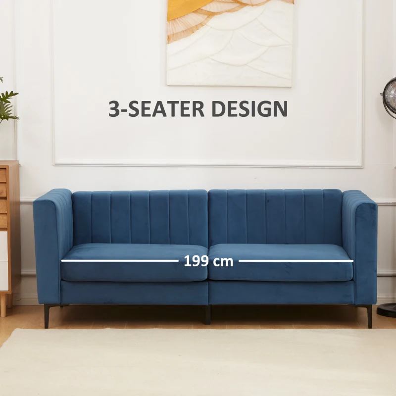 HOMCOM Modern 3-Seater Sofa, 78" Channel Tufted Sofa Couch with Velvet Fabric Upholstery, Steel Legs and Bed Slats for Living Room, Bedroom and Flat, Blue
