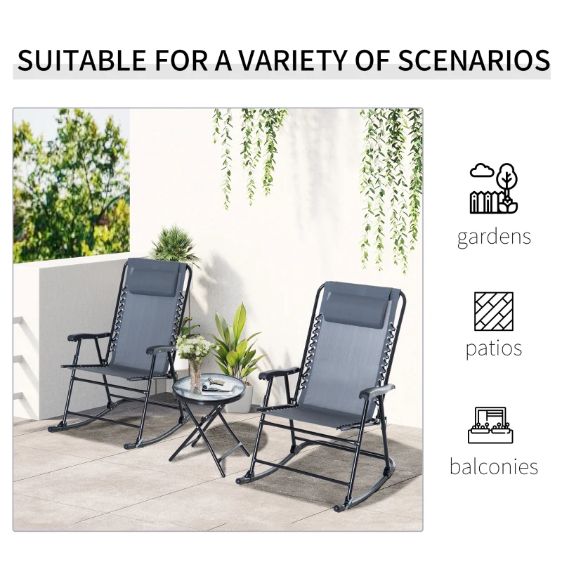 Outsunny 3pc Patio Rocking Chair Set, Folding Outdoor Rocking Chairs and Table Bistro Set w/ Breathable Mesh Seat & Backrest, Headrest for Park, Backyard, Garden, Grey