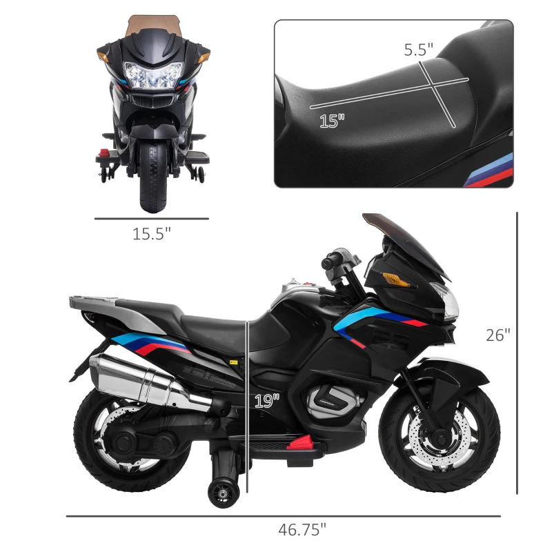 Aosom 12V Kids Electric Motorcycle with Training Wheels, Battery Power Ride on Motorbike, High-Traction at 3.7 Mph Top Speed, with Light Music, Black