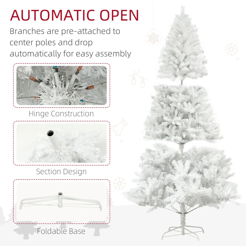 HOMCOM 6ft Unlit Artificial White Christmas Tree, Holiday Décor with 1000 Branch Tips, Auto Open and Steel Base