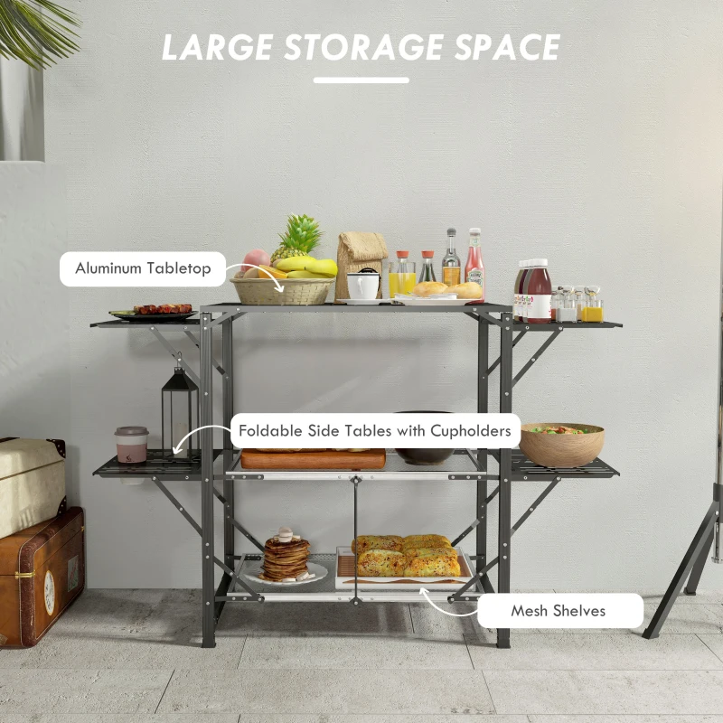 Outsunny Aluminum Camping Kitchen, Folding Cook Station with Carrying Bag, 4 Side Tables, 2 Shelves for BBQ, RV, Picnic, Black