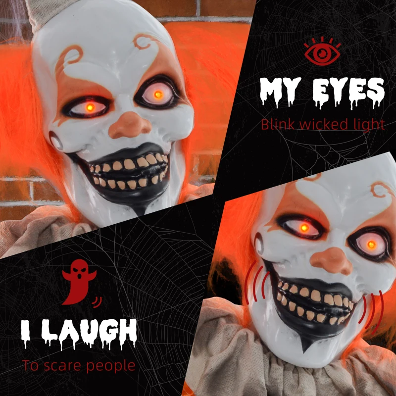 HOMCOM 6' Life Size Orange Haired Clown, Outdoor Halloween Decoration Animatronic, Sound and Motion Activated Light Up Eyes