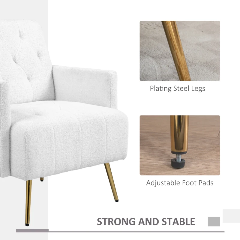 HOMCOM Upholstered Armchair, Modern Sherpa Accent Chair, Tufted Reading Chair for Living Room with Gold Steel Legs, White