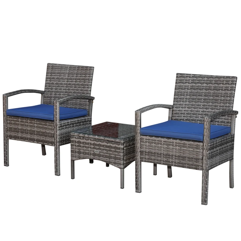 Outsunny 3 Pieces Wicker Patio Furniture Set, Rattan Bistro Set with Coffee Table and Cushions, Outdoor Conversation Set for Garden, Porch, Balcony, Blue