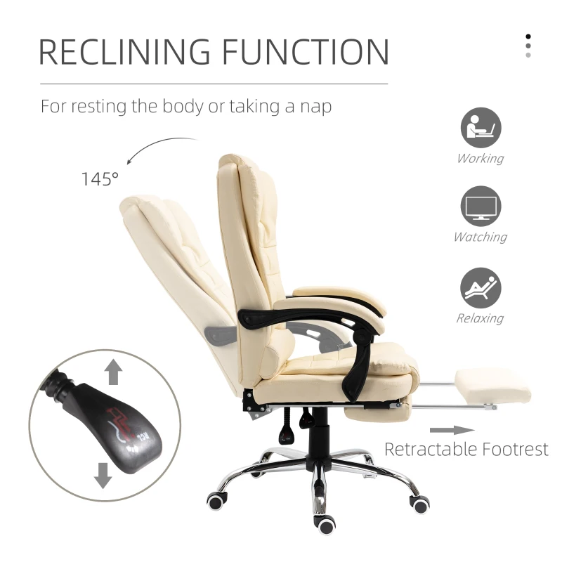 HOMCOM High Back Office Chair PU Leather Executive Office Chair with Retractable Footrest Padded Armrest Cream White