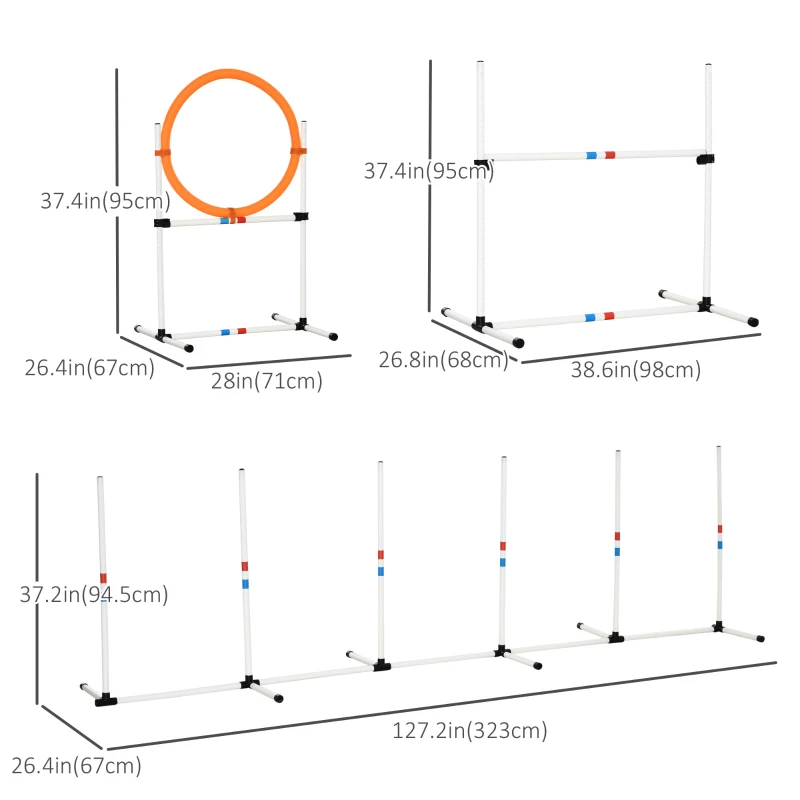 PawHut 3 Piece Dog Agility Training Equipment for Indoor & Outdoor, Dog Agility Equipment Set with High Jump, Jumping Ring, Weave Poles, Storage Bag, Withe, Blue and Orange