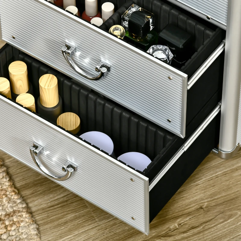 HOMCOM Rolling Makeup Train Case, Large Storage Cosmetic Trolley, Lockable Traveling Cart Trunk with Folding Trays, Swivel Wheels and Keys, Silver