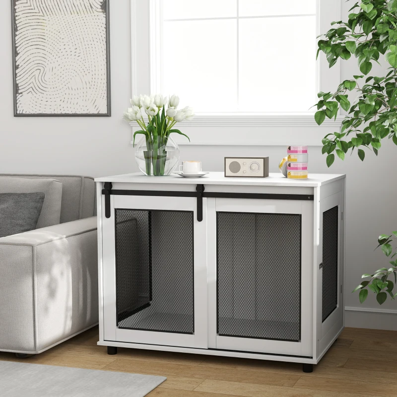 PawHut 39" Dog Crate Furniture with Sliding Barn Door, Furniture Style Dog Cage End Table for Large Dogs, White