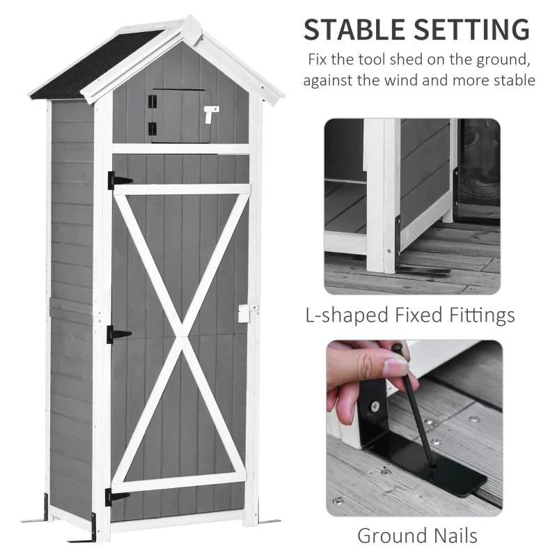 Outsunny 30.75''x 20.75''x71.75'' Garden Wood Storage Shed with Workstation, Hooks and Ground Nails Multifunction Lockable Sheds & Outdoor Storage Asphalt Roof Tool Organizer, Grey