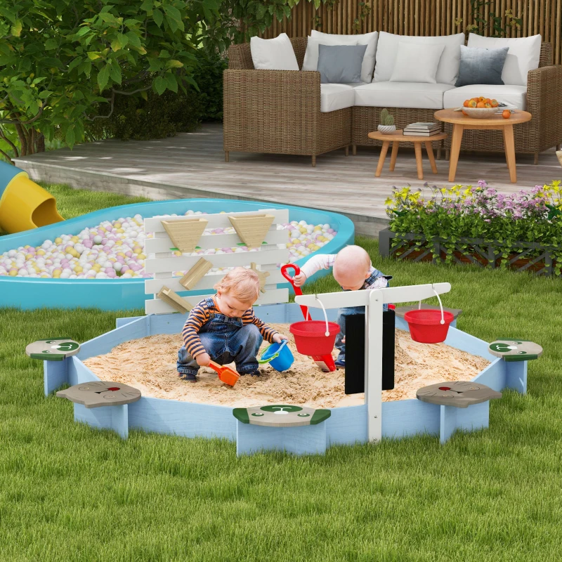 Outsunny Wooden Sandbox for 3-7 Years, 85" x 85" x 25", Blue