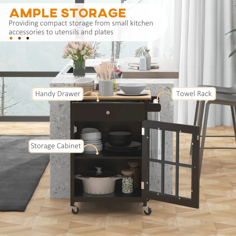 HOMCOM Rolling Kitchen Cart with Drawer and Glass Door Cabinet, Kitchen Island on Wheels with Towel Rack, Black