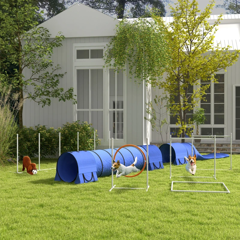 PawHut 7pc Agility Training Equipment for Dogs w/ Tunnels, Weave Poles Adjustable Hurdle, Jumping Ring, Pause Box, Blue