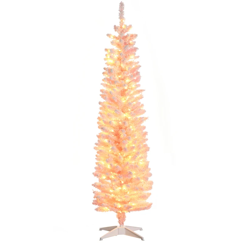HOMCOM 6' Flocked Christmas Trees, Pencil Prelit Artificial Christmas Tree with Snow Branches, Pink
