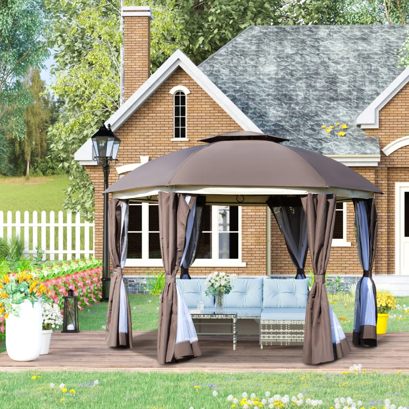 Outsunny 12' x 12' Round Outdoor Gazebo, Patio Dome Gazebo Canopy Shelter with Double Roof, Netting Sidewalls and Curtains, Zippered Doors, Strong Steel Frame, Brown