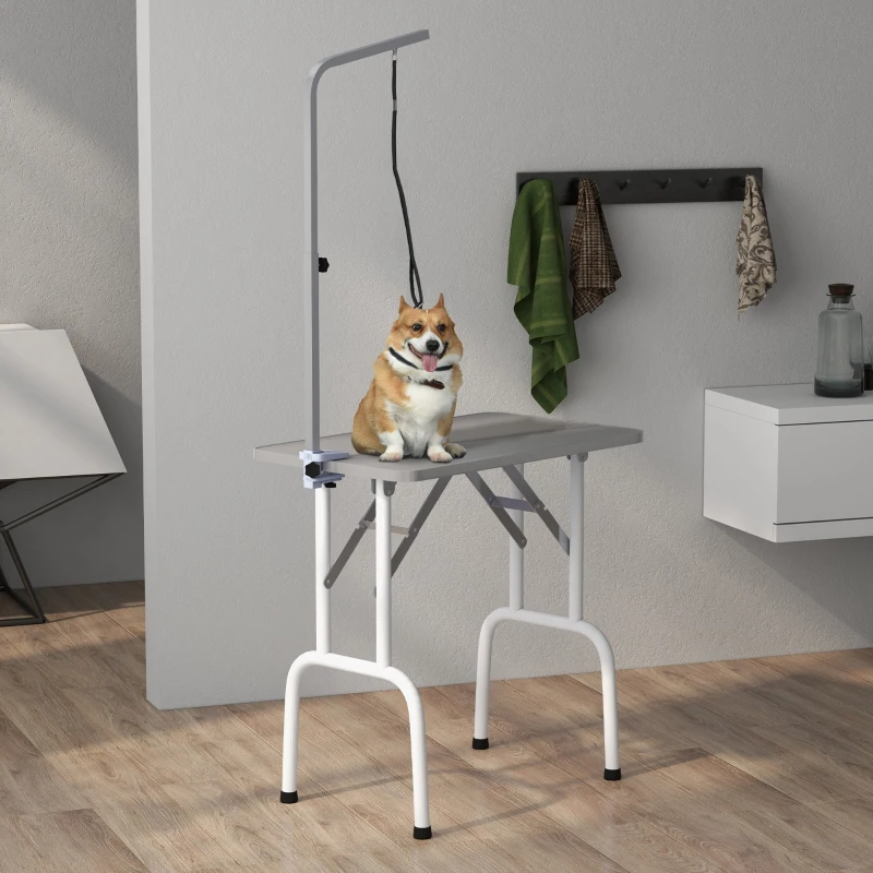 PawHut Foldable Pet Grooming Table for Dogs Cats with Adjustable Arm, Non-slip Surface, Grey