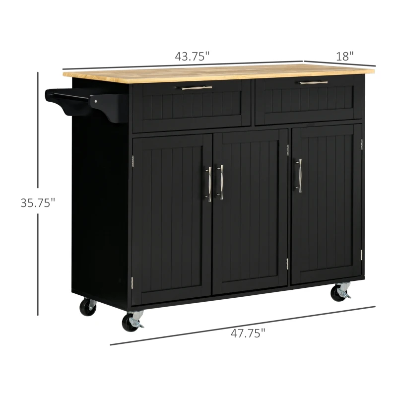 HOMCOM Mobile Kitchen Island with Storage, Kitchen Cart with Wood Top, Storage Drawers, 3-door Cabinets, Adjustable Shelves and Towel Rack, Black