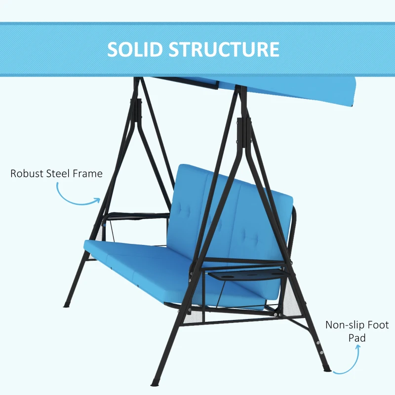 Outsunny 3-Seat Outdoor Porch Swing Patio Swing with Adjustable Canopy, Side Tray, Removable Cushion for Garden, Poolside, Blue