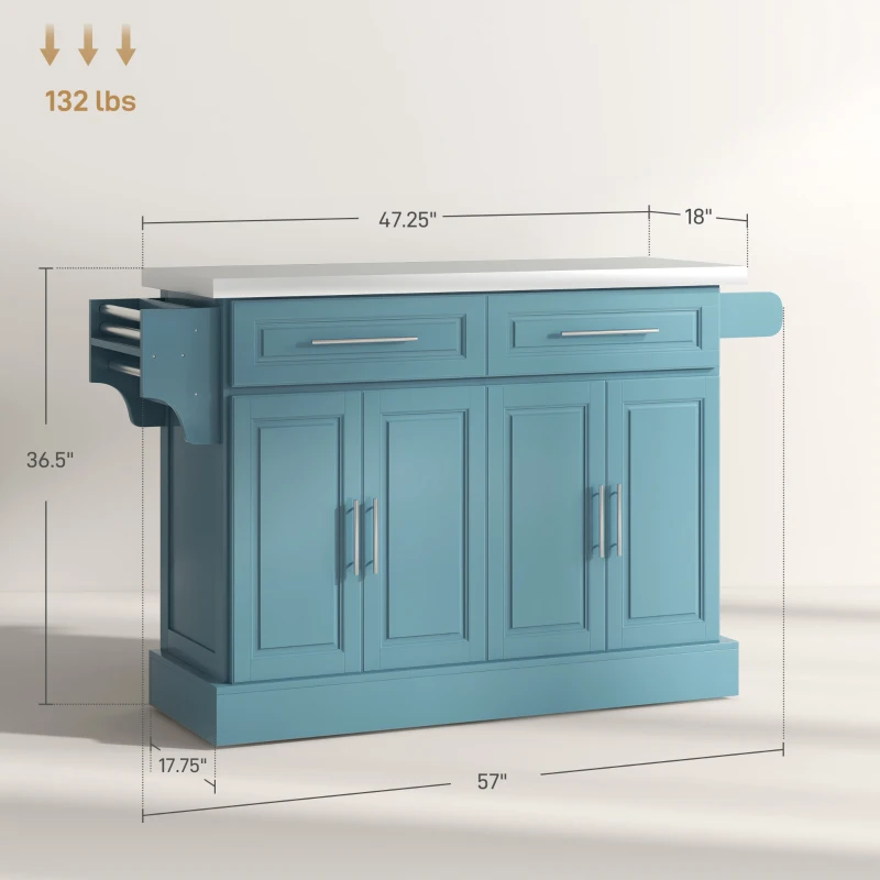 HOMCOM Rolling Kitchen Island with Stainless Steel Top, 2 Drawers, Spice, Knife and Towel Rack and Cabinets, Teal Blue