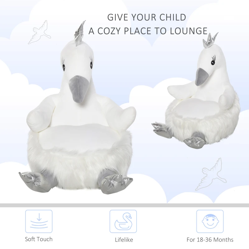 Qaba Stuffed Animal Sofa Armrest Chair Cartoon Storage Bean Bag Chair for Kids with Cute Swan Flannel PP Cotton 22" x 16.5" x 22" White
