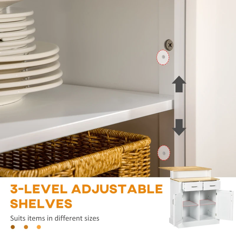 HOMCOM Kitchen Island with 2-Level Rubber Wood Tabletop, Island Table with Adjustable Shelves and Drawers, White