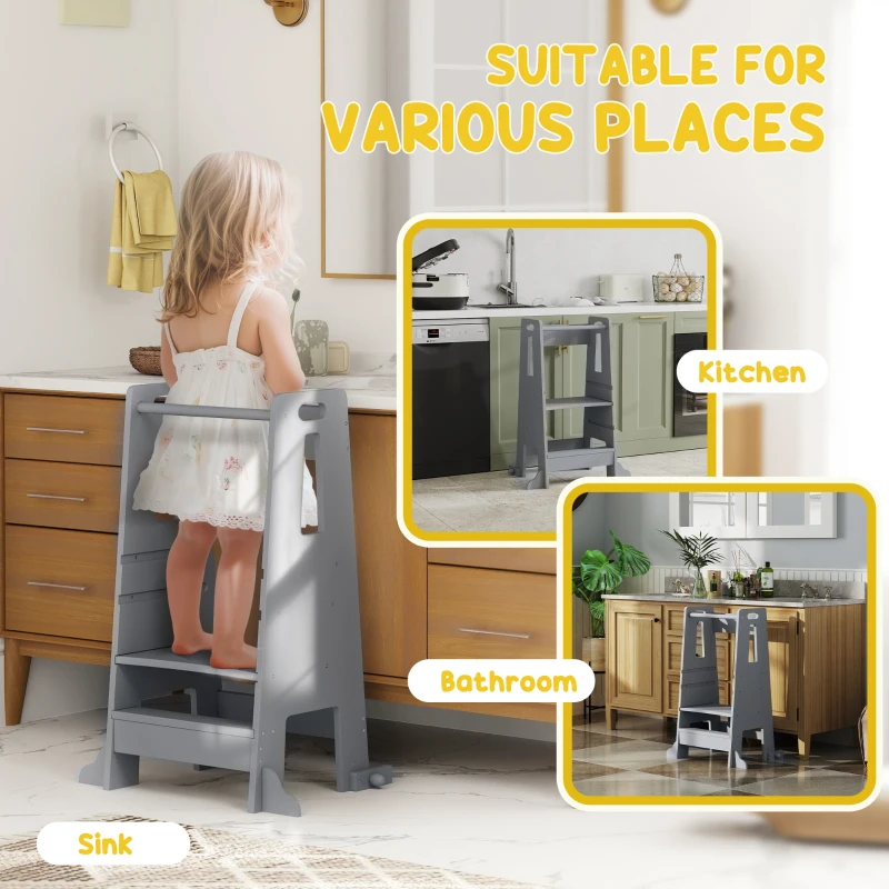 Qaba Height Adjustable Toddler Tower w/ Safety Rail, Handlbar, for Bathroom, Kitchen, Gray