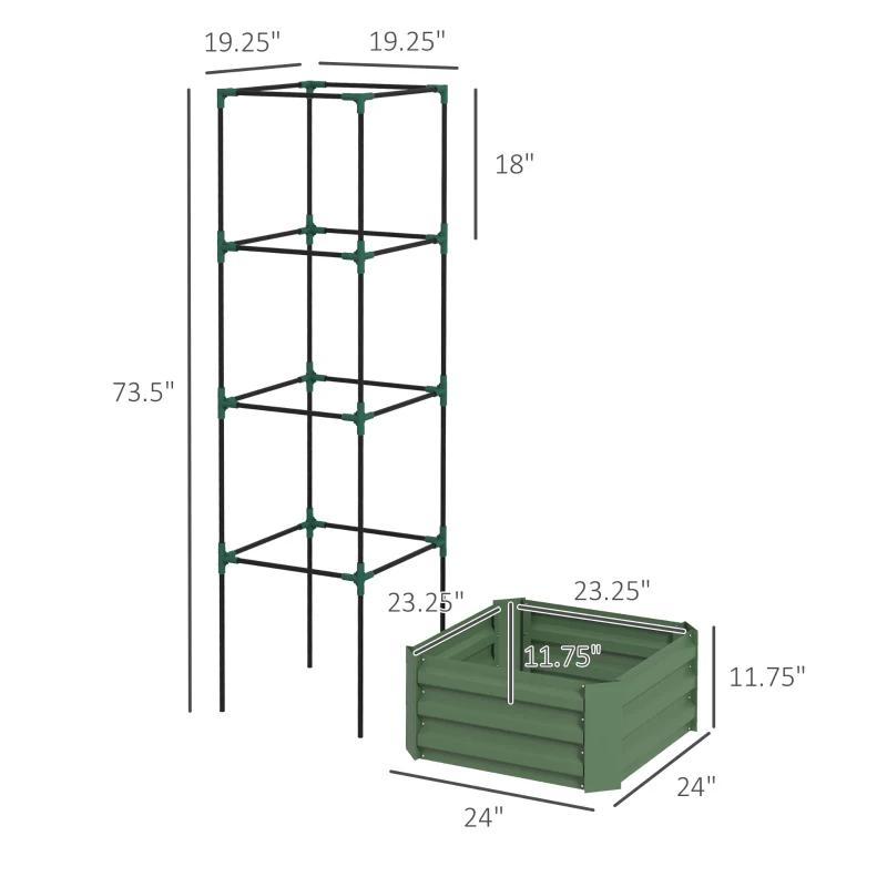 Outsunny Galvanized Planter Box, 24" x 24" x 73.5" Raised Garden Bed with Tomato Cage for Climbing Vines, Green
