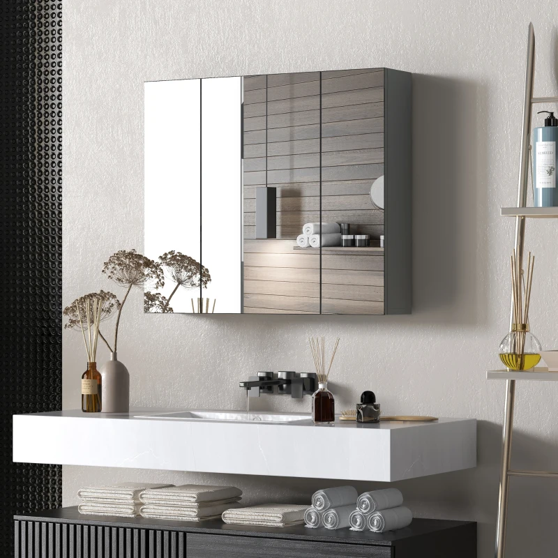 kleankin 28" x 24" Wall Mounted Mirror Cabinet, Bathroom Medicine Cabinet with Mirror, 3 Doors and Adjustable Shelves, Grey