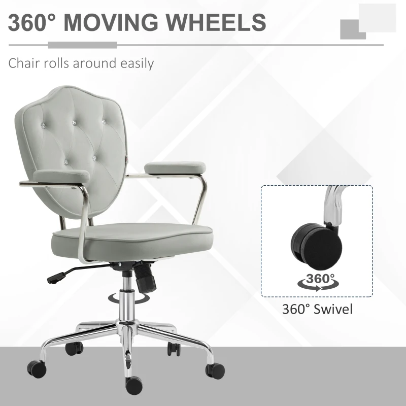 HOMCOM Cute Office Chair, Desk Chair with Button Tufted Velvet-Feel Fabric, Swivel Computer Vanity Chair, Gray